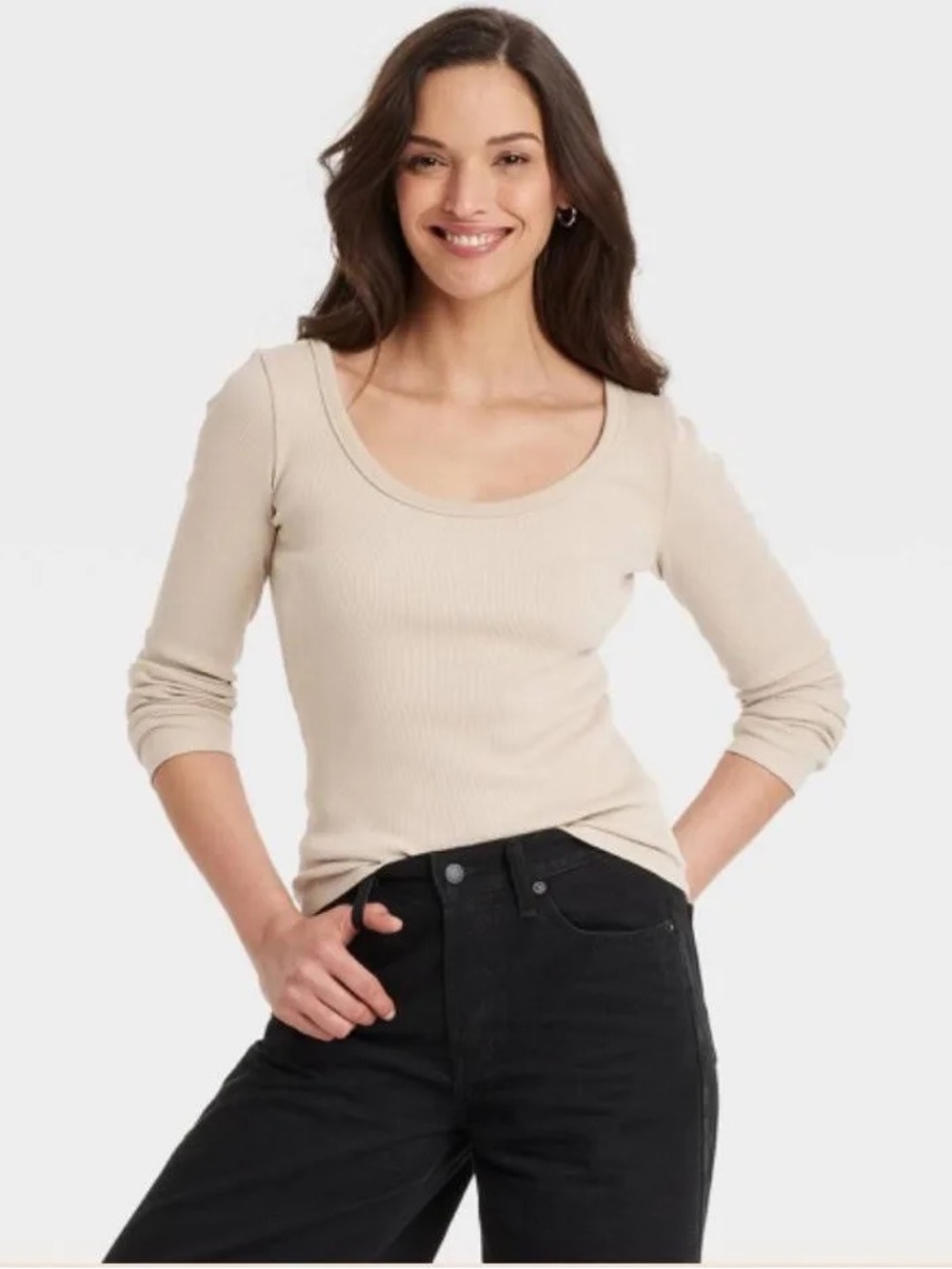 Universal Thread Women's Long Sleeve Rib Scoop Neck T-Shirt